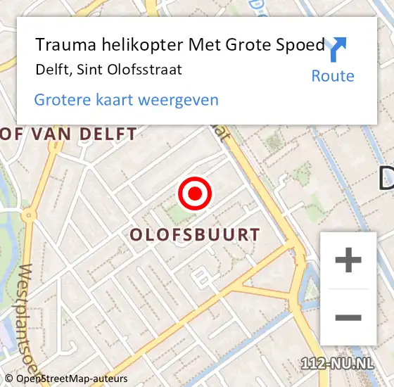 Locatie op kaart van de 112 melding: Trauma helikopter Met Grote Spoed Naar Delft, Sint Olofsstraat op 20 januari 2024 14:58