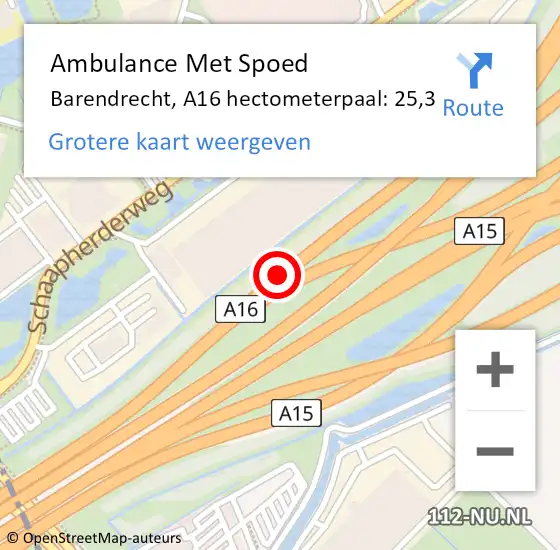Locatie op kaart van de 112 melding: Ambulance Met Spoed Naar Barendrecht, A16 hectometerpaal: 25,3 op 20 januari 2024 15:06