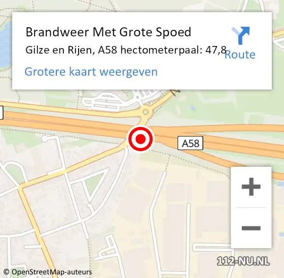 Locatie op kaart van de 112 melding: Brandweer Met Grote Spoed Naar Gilze en Rijen, A58 hectometerpaal: 47,8 op 20 januari 2024 17:54