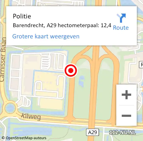 Locatie op kaart van de 112 melding: Politie Barendrecht, A29 hectometerpaal: 12,4 op 20 januari 2024 22:49