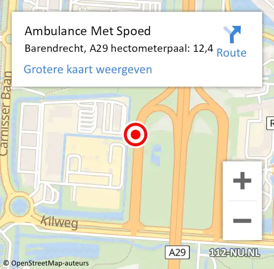 Locatie op kaart van de 112 melding: Ambulance Met Spoed Naar Barendrecht, A29 hectometerpaal: 12,4 op 20 januari 2024 23:25