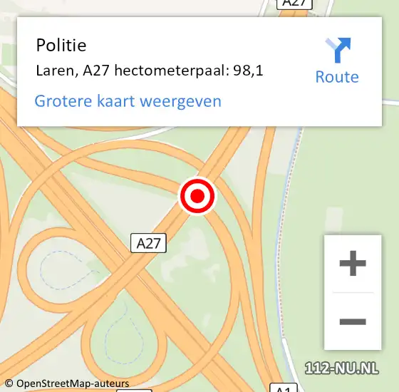 Locatie op kaart van de 112 melding: Politie Laren, A27 hectometerpaal: 98,1 op 20 januari 2024 23:59