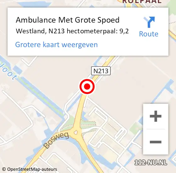 Locatie op kaart van de 112 melding: Ambulance Met Grote Spoed Naar Westland, N213 hectometerpaal: 9,2 op 21 januari 2024 02:02