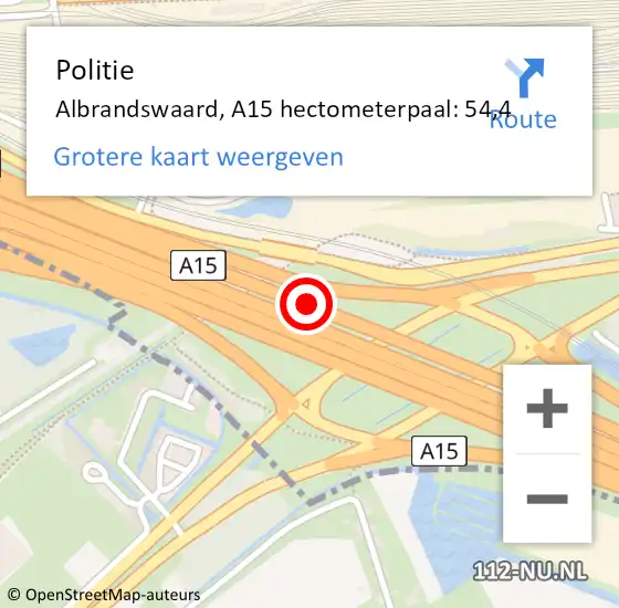 Locatie op kaart van de 112 melding: Politie Albrandswaard, A15 hectometerpaal: 54,4 op 21 januari 2024 09:55