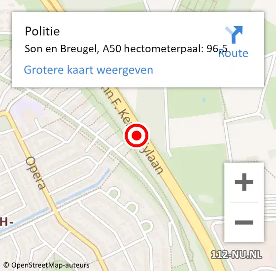 Locatie op kaart van de 112 melding: Politie Son en Breugel, A50 hectometerpaal: 96,5 op 21 januari 2024 10:21