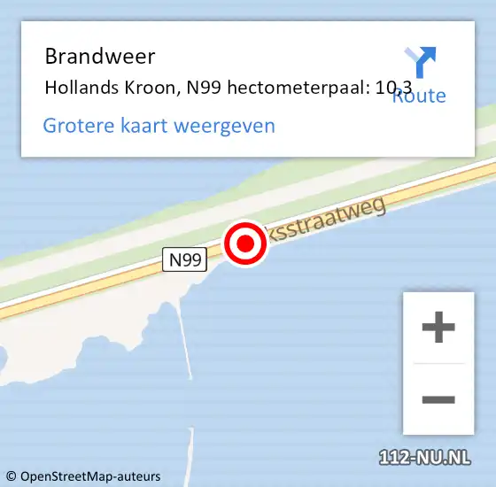 Locatie op kaart van de 112 melding: Brandweer Hollands Kroon, N99 hectometerpaal: 10,3 op 21 januari 2024 12:12