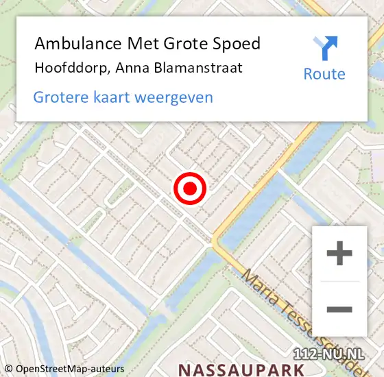 Locatie op kaart van de 112 melding: Ambulance Met Grote Spoed Naar Hoofddorp, Anna Blamanstraat op 21 januari 2024 13:29