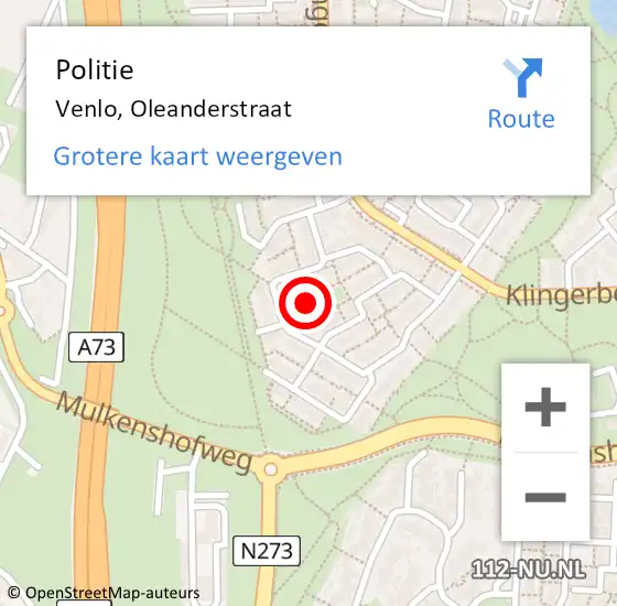 Locatie op kaart van de 112 melding: Politie Venlo, Oleanderstraat op 21 januari 2024 14:33