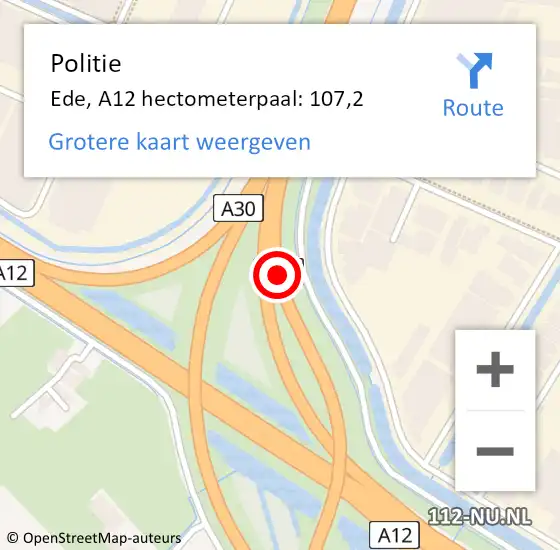 Locatie op kaart van de 112 melding: Politie Ede, A12 hectometerpaal: 107,2 op 21 januari 2024 16:19