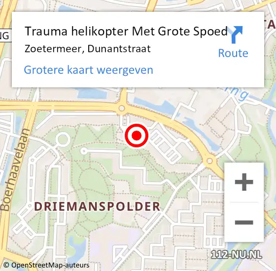 Locatie op kaart van de 112 melding: Trauma helikopter Met Grote Spoed Naar Zoetermeer, Dunantstraat op 21 januari 2024 18:33