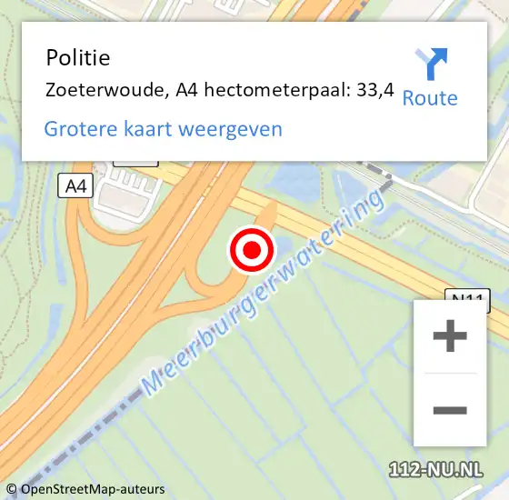 Locatie op kaart van de 112 melding: Politie Zoeterwoude, A4 hectometerpaal: 33,4 op 21 januari 2024 18:46