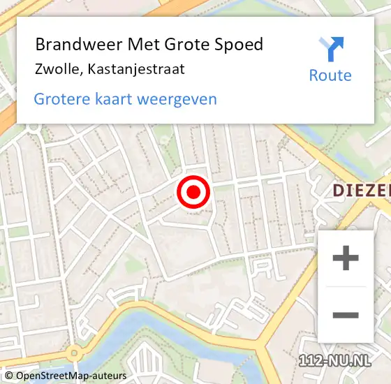 Locatie op kaart van de 112 melding: Brandweer Met Grote Spoed Naar Zwolle, Kastanjestraat op 21 januari 2024 18:50