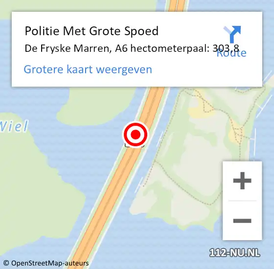 Locatie op kaart van de 112 melding: Politie Met Grote Spoed Naar De Fryske Marren, A6 hectometerpaal: 303,8 op 21 januari 2024 19:18