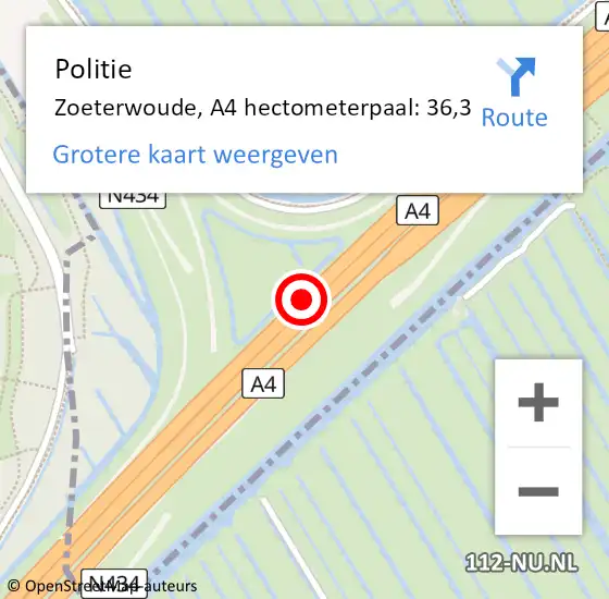 Locatie op kaart van de 112 melding: Politie Zoeterwoude, A4 hectometerpaal: 36,3 op 21 januari 2024 19:27