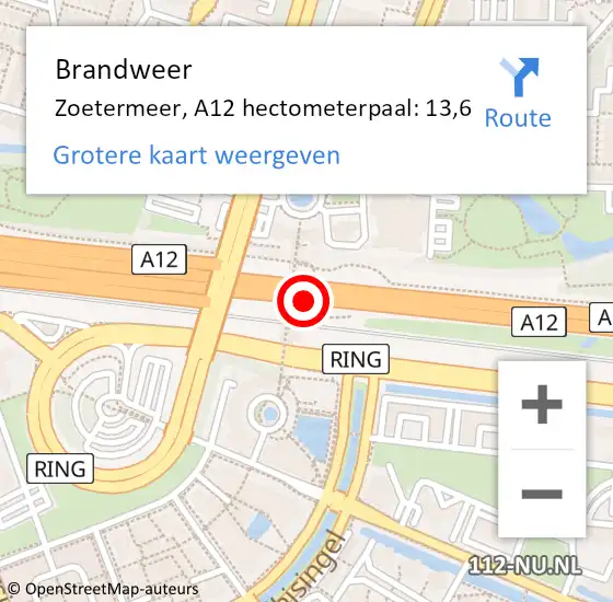 Locatie op kaart van de 112 melding: Brandweer Zoetermeer, A12 hectometerpaal: 13,6 op 21 januari 2024 20:10