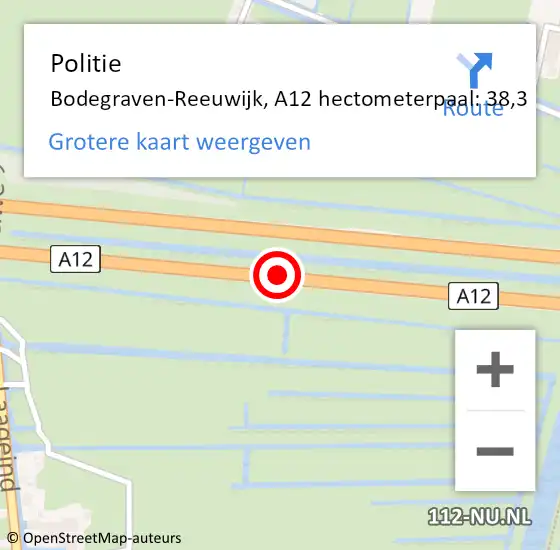 Locatie op kaart van de 112 melding: Politie Bodegraven-Reeuwijk, A12 hectometerpaal: 38,3 op 21 januari 2024 20:12