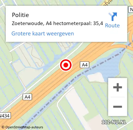 Locatie op kaart van de 112 melding: Politie Zoeterwoude, A4 hectometerpaal: 35,4 op 21 januari 2024 20:32