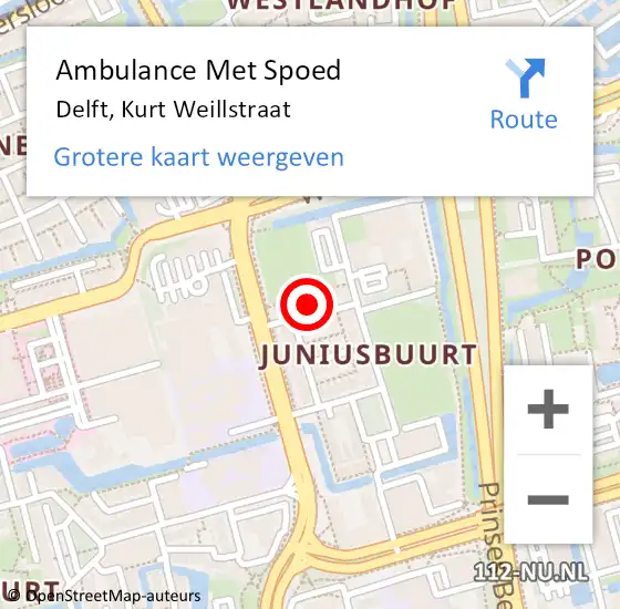 Locatie op kaart van de 112 melding: Ambulance Met Spoed Naar Delft, Kurt Weillstraat op 21 januari 2024 22:22