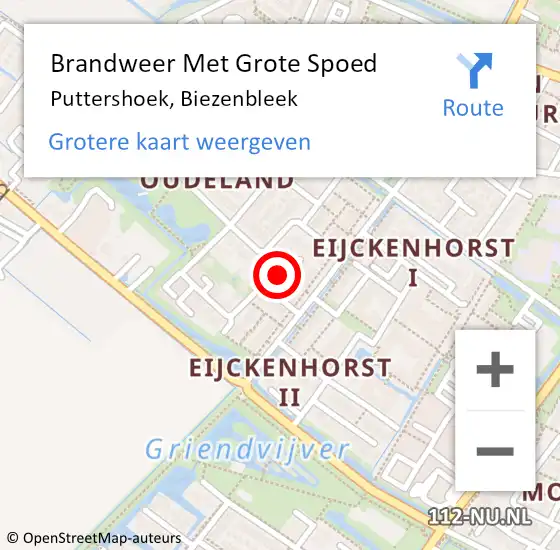 Locatie op kaart van de 112 melding: Brandweer Met Grote Spoed Naar Puttershoek, Biezenbleek op 22 januari 2024 07:33