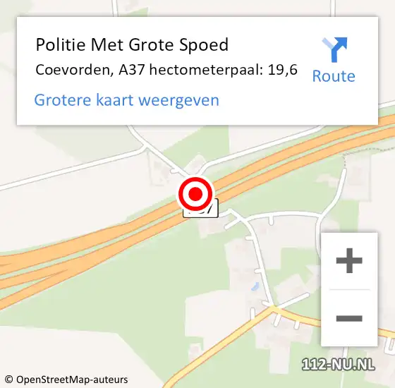 Locatie op kaart van de 112 melding: Politie Met Grote Spoed Naar Coevorden, A37 hectometerpaal: 19,6 op 22 januari 2024 07:34