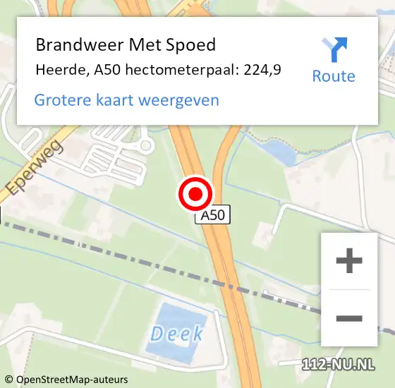 Locatie op kaart van de 112 melding: Brandweer Met Spoed Naar Heerde, A50 hectometerpaal: 224,9 op 22 januari 2024 07:53