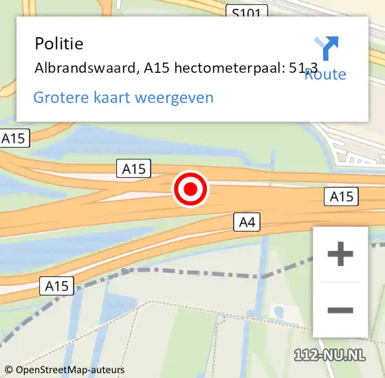 Locatie op kaart van de 112 melding: Politie Albrandswaard, A15 hectometerpaal: 51,3 op 22 januari 2024 08:18