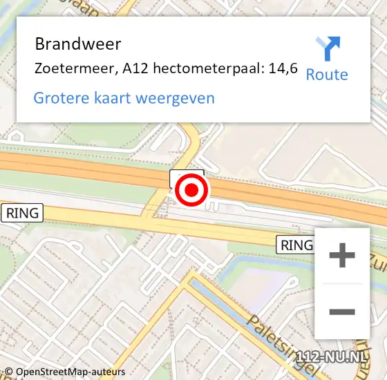 Locatie op kaart van de 112 melding: Brandweer Zoetermeer, A12 hectometerpaal: 14,6 op 22 januari 2024 08:22