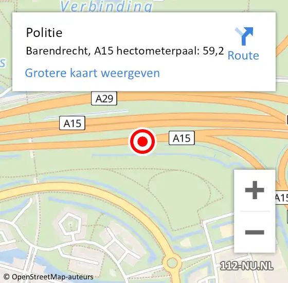 Locatie op kaart van de 112 melding: Politie Barendrecht, A15 hectometerpaal: 59,2 op 22 januari 2024 08:44