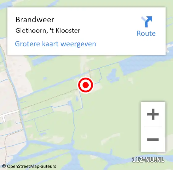 Locatie op kaart van de 112 melding: Brandweer Giethoorn, 't Klooster op 22 januari 2024 08:50
