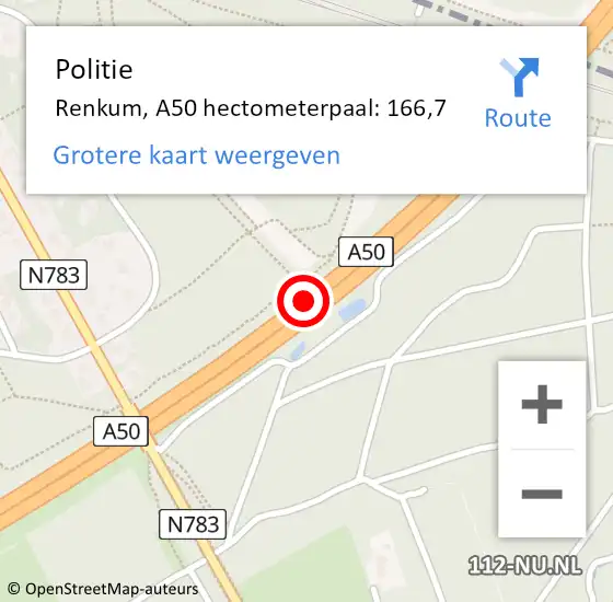 Locatie op kaart van de 112 melding: Politie Renkum, A50 hectometerpaal: 166,7 op 22 januari 2024 10:20