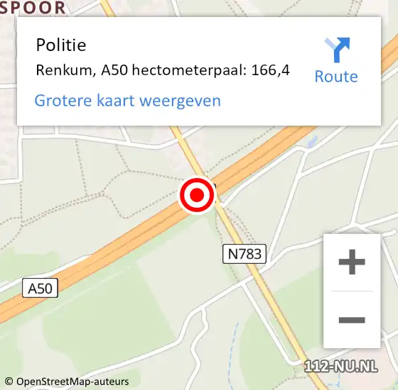 Locatie op kaart van de 112 melding: Politie Renkum, A50 hectometerpaal: 166,4 op 22 januari 2024 10:22