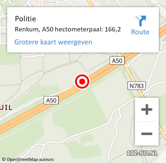 Locatie op kaart van de 112 melding: Politie Renkum, A50 hectometerpaal: 166,2 op 22 januari 2024 10:23