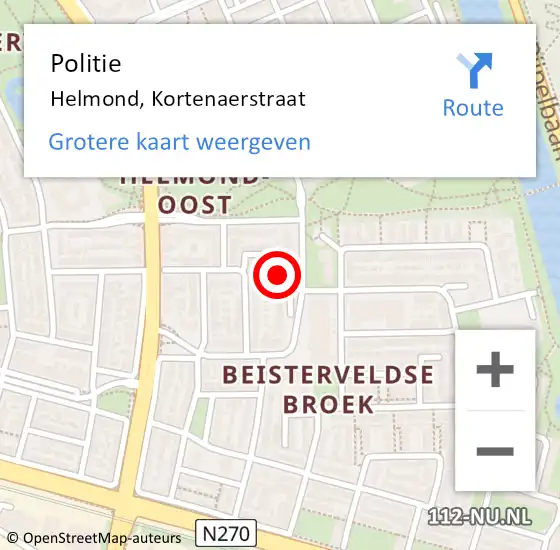 Locatie op kaart van de 112 melding: Politie Helmond, Kortenaerstraat op 22 januari 2024 10:39