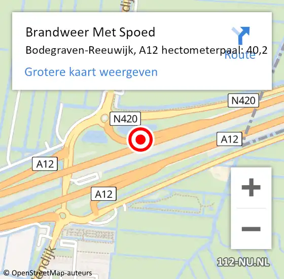 Locatie op kaart van de 112 melding: Brandweer Met Spoed Naar Bodegraven-Reeuwijk, A12 hectometerpaal: 40,2 op 22 januari 2024 11:08