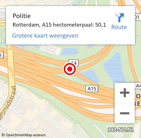 Locatie op kaart van de 112 melding: Politie Rotterdam, A15 hectometerpaal: 50,1 op 22 januari 2024 11:16