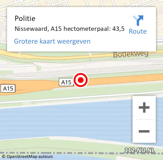 Locatie op kaart van de 112 melding: Politie Nissewaard, A15 hectometerpaal: 43,5 op 22 januari 2024 11:20