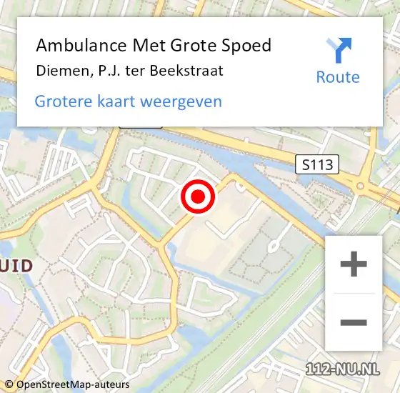 Locatie op kaart van de 112 melding: Ambulance Met Grote Spoed Naar Diemen, P.J. ter Beekstraat op 22 januari 2024 13:10