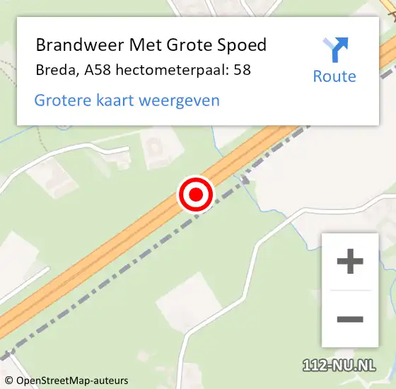Locatie op kaart van de 112 melding: Brandweer Met Grote Spoed Naar Breda, A58 hectometerpaal: 58 op 22 januari 2024 14:03