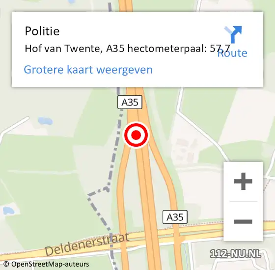 Locatie op kaart van de 112 melding: Politie Hof van Twente, A35 hectometerpaal: 57,7 op 22 januari 2024 14:55