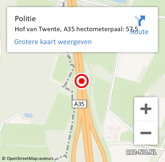Locatie op kaart van de 112 melding: Politie Hof van Twente, A35 hectometerpaal: 57,5 op 22 januari 2024 14:55