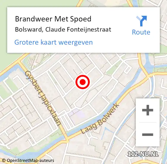 Locatie op kaart van de 112 melding: Brandweer Met Spoed Naar Bolsward, Claude Fonteijnestraat op 22 januari 2024 19:54