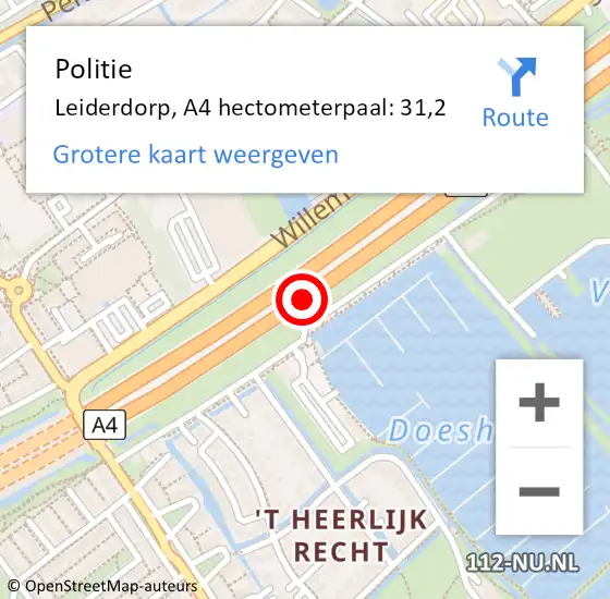 Locatie op kaart van de 112 melding: Politie Leiderdorp, A4 hectometerpaal: 31,2 op 23 januari 2024 00:49