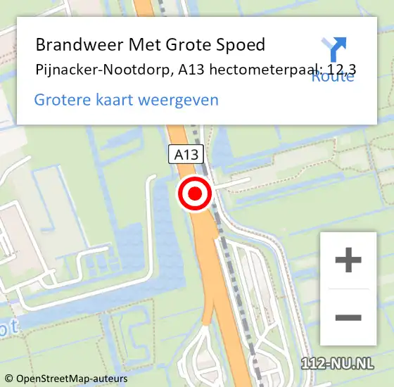 Locatie op kaart van de 112 melding: Brandweer Met Grote Spoed Naar Pijnacker-Nootdorp, A13 hectometerpaal: 12,3 op 23 januari 2024 08:01