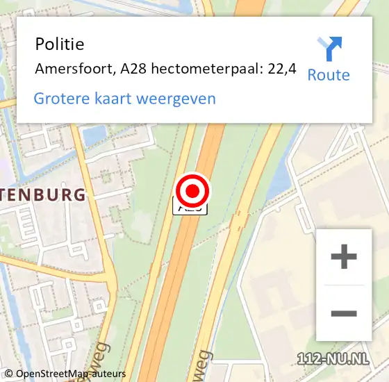 Locatie op kaart van de 112 melding: Politie Amersfoort, A28 hectometerpaal: 22,4 op 23 januari 2024 08:03