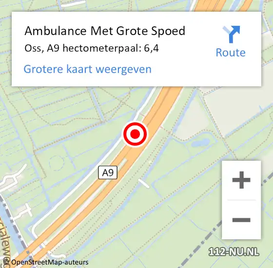 Locatie op kaart van de 112 melding: Ambulance Met Grote Spoed Naar Oss, A9 hectometerpaal: 6,4 op 23 januari 2024 08:40