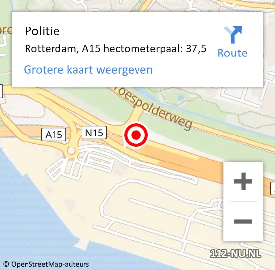 Locatie op kaart van de 112 melding: Politie Rotterdam, A15 hectometerpaal: 37,5 op 23 januari 2024 08:46