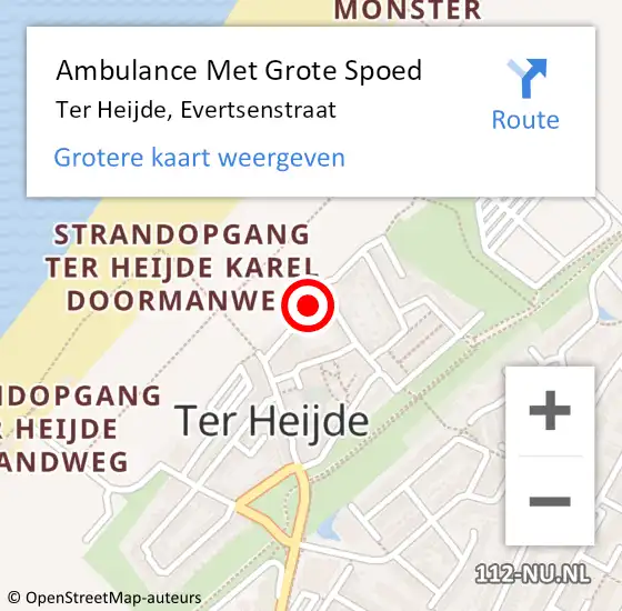 Locatie op kaart van de 112 melding: Ambulance Met Grote Spoed Naar Ter Heijde, Evertsenstraat op 23 september 2014 08:44