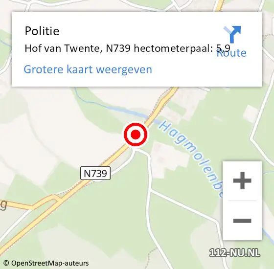 Locatie op kaart van de 112 melding: Politie Hof van Twente, N739 hectometerpaal: 5,9 op 23 januari 2024 10:15