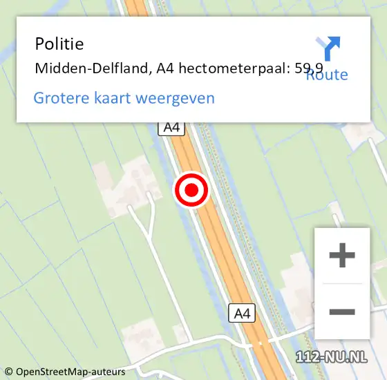 Locatie op kaart van de 112 melding: Politie Midden-Delfland, A4 hectometerpaal: 59,9 op 23 januari 2024 11:31