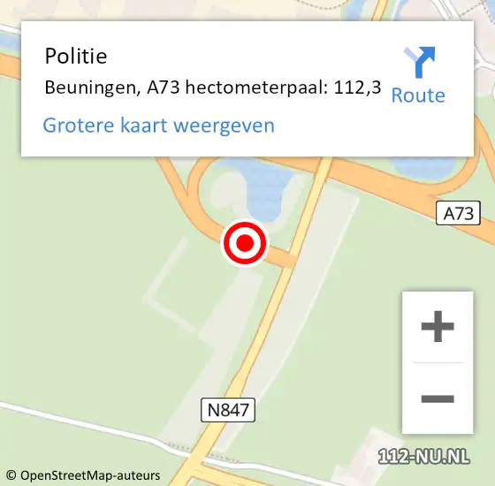 Locatie op kaart van de 112 melding: Politie Beuningen, A73 hectometerpaal: 112,3 op 23 januari 2024 14:51